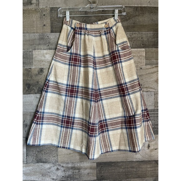 Vintage Dresses & Skirts - Vtg Union Made Wool Skirt Size 5 6 Tan & Blue Plaid Preppy Midi Knee School Girl